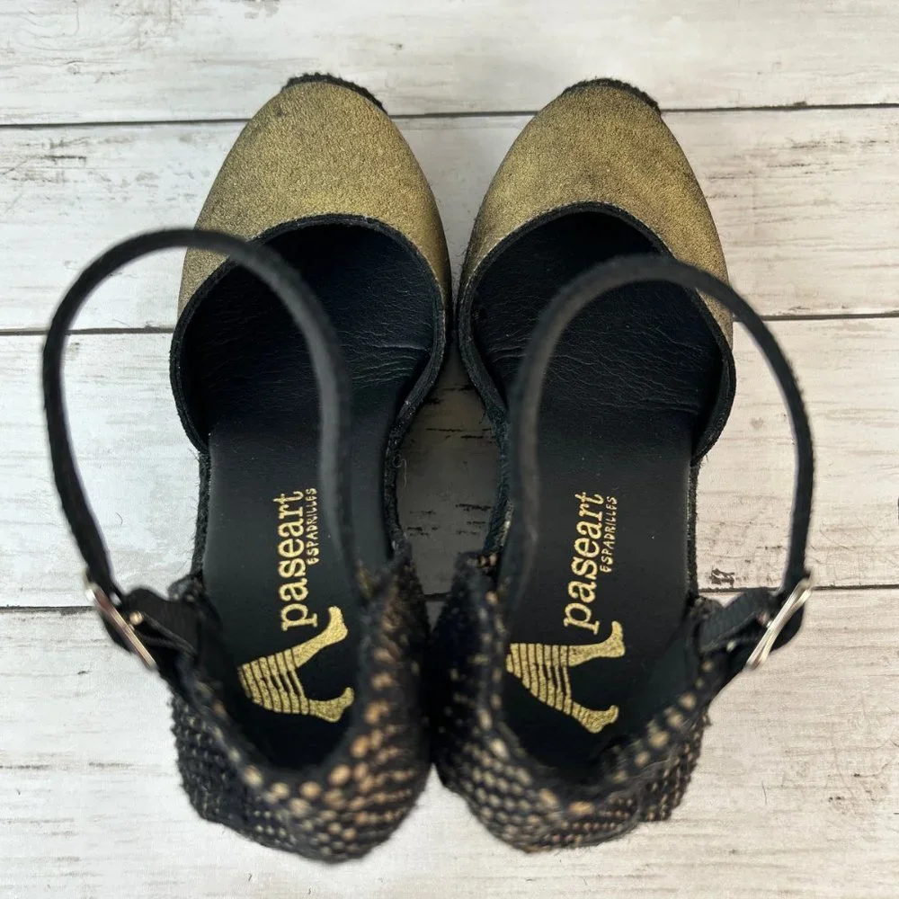 Paseart Espadrille Sandals Womens 5.5-6/36 Metallic Gold Leather Wedge Heel Shoe